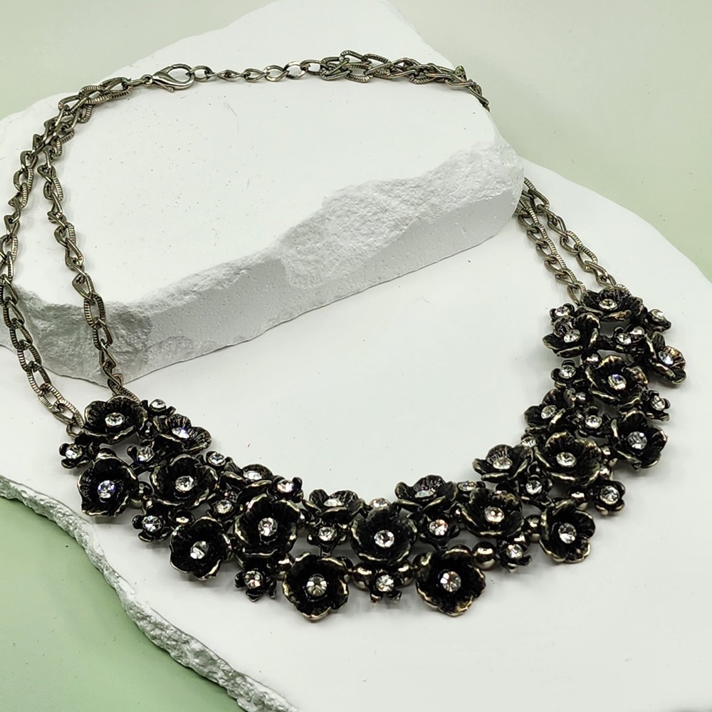 Black Floral Rhinestone Statement Necklace Silver Tone Gothic Vintage Jewelry